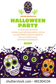 Halloween Party Invitation or Announcement with Day of the Dead Sugar Skulls.