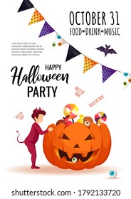 Halloween party invitation with baby boy dressed in imp costume looking inside scary pumpkin with candies and bat flying. A4 vector illustration for poster, banner, flyer.