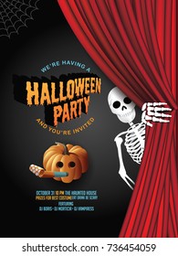 Halloween party invitation background with red curtains and copy space. EPS 10 vector illustration.