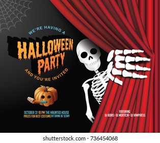 Halloween party invitation background with red curtains and copy space. EPS 10 vector illustration.