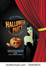 Halloween party invitation background with red curtains and copy space. EPS 10 vector illustration.
