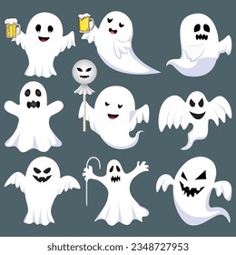 Halloween party invitation background with vector illustration of ghost, deathly elements, ghost lollipop, stick and beer.