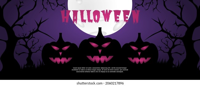 Halloween party invitation banner or background with tree, grass and pumpkin silhouette elements