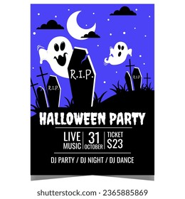 Halloween party invitation banner to celebrate the All Saints' Day holiday on October 31. Flyer for Halloween with phantoms and ghosts in the night on the cemetery with tombstones and grave crosses.