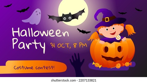 Halloween party invitation banner design. Banner for social media post, flyer or poster. Cute girl in a witch costume with a pumpkin and bats on dark violet background. Spooky vector illustration.
