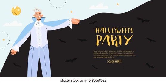 Halloween party invitation banner, flyer, poster,  landing page or blog post. Vector illustartion of a vampire man character in a black cloak on a blue background in a trendy style.