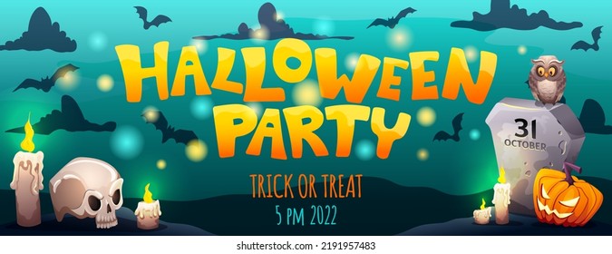 Halloween party Invitation Banner. Flyer or poster with dark background, pumpkins, grave, owl, old skull, candles, bats and clouds. Vector cartoon illustration