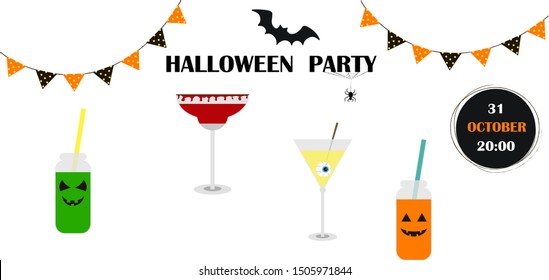 Halloween party, invitation, banner.  Multi-colored cocktails and flags on a white background with the inscription.