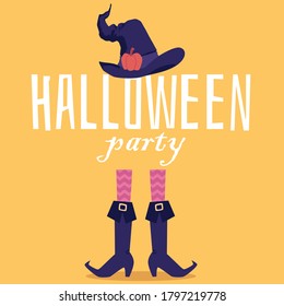 Halloween party invitation banner or poster design with witches magic hat and legs in boots, flat vector illustration on yellow background. Halloween events celebration.