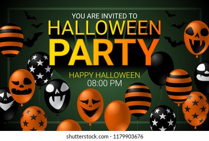 Halloween Party invitation banner with scary balloon on dark background design. Halloween celebration concept advertising vector illustration.