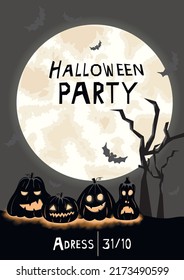 Halloween party invitation brochure with scary funny pumpkin silhouettes and big bright moon. Dark, mystical night of fear in A4 size flyer