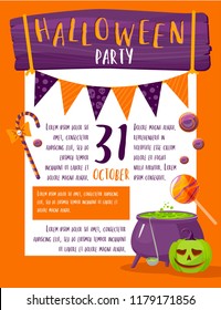 Halloween party invitation card with cartoon holiday icons on modern geometric background. 