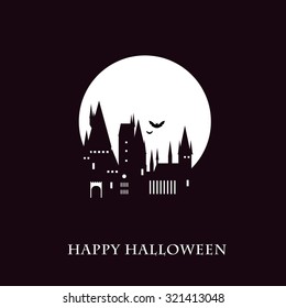 Halloween party invitation card. Castle with fullmoon. Vector, black and white illustration.