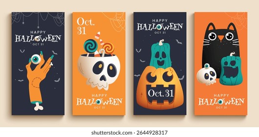 Halloween party invitation card clipart poster set. Happy Halloween greeting banner card design with scary and spooky elements in blue and orange background clip art collection vector illustration.
