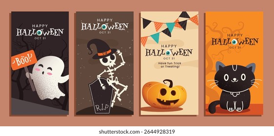 Halloween party invitation card clipart poster set. Happy Halloween invitation card clip art collection with cute ghost, skeleton, pumpkin and cat for horror party celebration banner design vector 