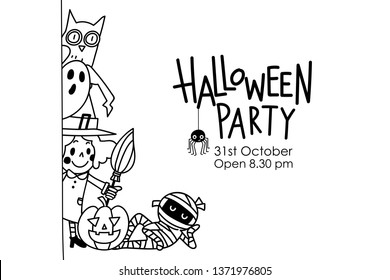 Halloween party invitation card with cute witch, mummy, owl, pumpkin and ghost. Holidays cartoon character doodle.