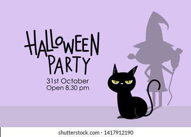 Halloween party invitation card with cute black cat and witch shadow. Animal holidays cartoon character.