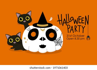 Halloween party invitation card with cute black cat and spooky pumpkin painting witch face . Animal holidays cartoon character. -Vector.