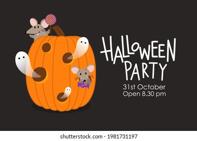 Halloween party invitation card with cute spooky ghosts, rat with candy and scary pumpkin . Holidays cartoon character.