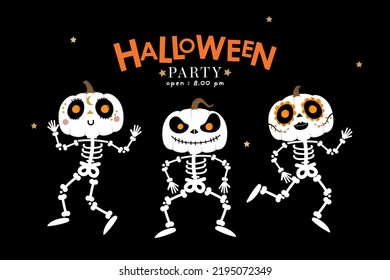 Tarjeta de invitación de la fiesta de Halloween con lindo esqueleto y baile de calabaza. Vector de personaje de caricatura de vacaciones. Caligrafía escrita a mano.