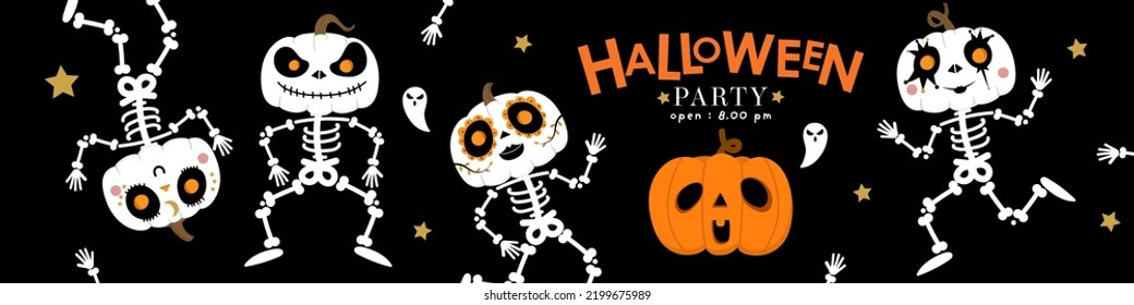 Halloween party invitation card with cute skeleton and pumpkin dance. Holidays cartoon character vector. 