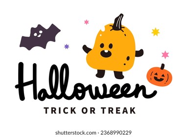 Halloween party invitation card cute cartoon character illustration. pumpkin bat magic poster sale template banner