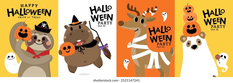 Halloween party invitation card  with cute sloth, hippopotamus, deer, bear and spooky pumpkin in ghost costume. Animal cartoon character in holidays. -Vector