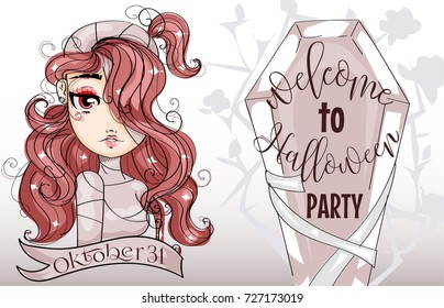 Halloween party invitation card with cute vampire cartoon girl character, red hair and eyes mummy woman portrait, coffin on background, hand drawn vector illustration art