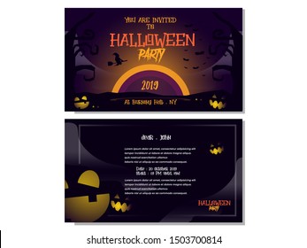 Halloween party invitation card with dark theme. Easy to use and customize for social media post and ready to print. Vector Illustration