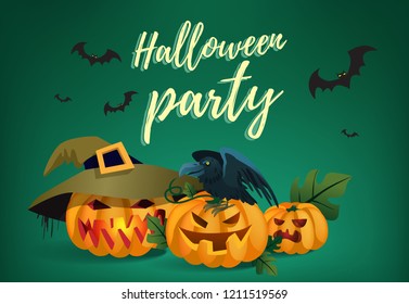 Halloween party invitation card design. Black crow, pumpkin lanterns and flying bats on green background. Template can be used for flyers, banners, posters