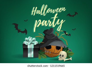 Halloween party invitation card design. Gift box, pumpkin in black hat, skull and flying bats on green background. Template can be used for flyers, banners, posters
