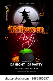 Halloween Party invitation card design with flying witch, cauldron and scary pumpkins decorated on full moon night background.