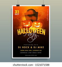 Halloween Party invitation card design with jack-o-lanterns, graveyard and event details on brown and black background.