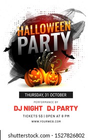 Halloween Party invitation card design with jack-o-lanterns, zombie hand and event details on black brush stroke background.