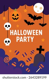 Halloween Party Invitation Card Design with Pumpkins Bats and Candy