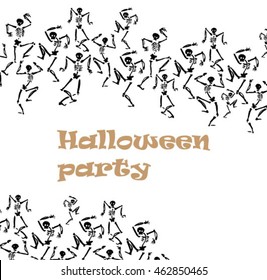 Halloween party invitation card design with dancing skeletons. Vector illustration