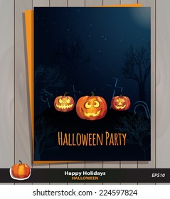Halloween party invitation card & envelope, poster or background. Vector design / illustration on wood texture. Jack o`lantern pumpkins with scary & funny faces. Sample text. Pumpkin icon. 