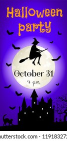 Halloween party invitation card with flying witch on broom and haunted castle