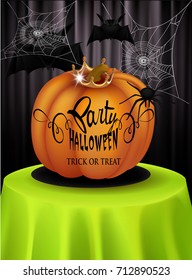 Halloween party invitation card with green tablecloth and big pumpkin with crown and halloween decorations. Vector illustration