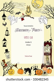 Halloween Party Invitation. Card with  hand drawn elements.Halloween decorations with  pumpkin, cat, ghost, hours, castle, moon and trees. Vector Illustration