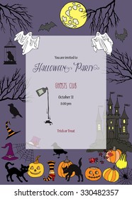 Halloween Party Invitation. Card with  hand drawn elements.Halloween decorations with  pumpkin, cat, ghost, hours, castle, moon and trees. Vector Illustration