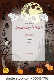 Halloween Party Invitation. Card with  hand drawn elements.Halloween decorations with  pumpkin, cat, ghost, hours, castle, moon and trees. Vector Illustration