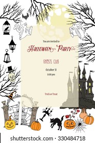 Halloween Party Invitation. Card with  hand drawn elements.Halloween decorations with  pumpkin, cat, ghost, hours, castle, moon and trees. Vector Illustration