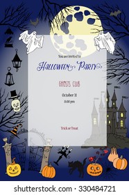 Halloween Party Invitation. Card with  hand drawn elements.Halloween decorations with  pumpkin, cat, ghost, hours, castle, moon and trees. Vector Illustration