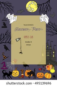 Halloween Party Invitation. Card with  hand drawn elements.Halloween decorations with  pumpkin, cat, ghost, hours, castle, moon and trees. Vector Illustration