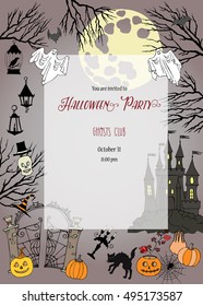 Halloween Party Invitation. Card with  hand drawn elements.Halloween decorations with  pumpkin, cat, ghost, hours, castle, moon and trees. Vector Illustration
