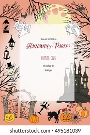 Halloween Party Invitation. Card with  hand drawn elements.Halloween decorations with  pumpkin, cat, ghost, hours, castle, moon and trees. Vector Illustration