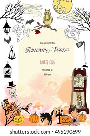 Halloween Party Invitation. Card with  hand drawn elements.Halloween decorations with  pumpkin, cat, ghost, hours, castle, moon and trees. Vector Illustration