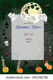 Halloween Party Invitation. Card with  hand drawn elements.Halloween decorations with  pumpkin, cat, ghost, hours, castle, moon and trees. Vector Illustration