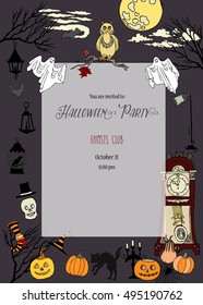Halloween Party Invitation. Card with  hand drawn elements.Halloween decorations with  pumpkin, cat, ghost, hours, castle, moon and trees. Vector Illustration